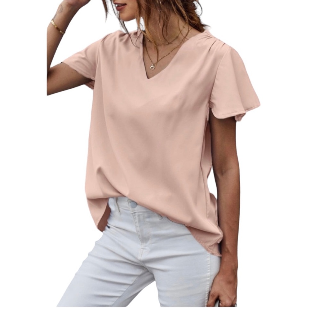 NWOT Women’s Pink V-Neck Short Flutter Sleeve Top